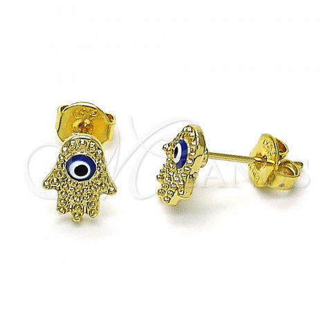 Oro Laminado Stud Earring, Gold Filled Style Hand of God and Evil Eye Design, Blue Enamel Finish, Golden Finish, 02.213.0399.1