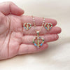 Oro Laminado Earring and Pendant Adult Set, Gold Filled Style San Judas and Heart Design, with Multicolor Cubic Zirconia, Polished, Golden Finish, 10.411.0011.1