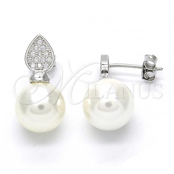 Sterling Silver Stud Earring, Teardrop Design, with Ivory Pearl and White Micro Pave, Polished, Rhodium Finish, 02.186.0072