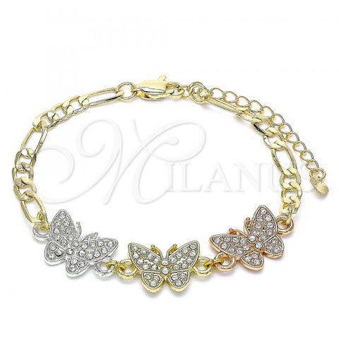 Oro Laminado Fancy Bracelet, Gold Filled Style Butterfly Design, with White Crystal, Polished, Tricolor, 03.380.0128.07