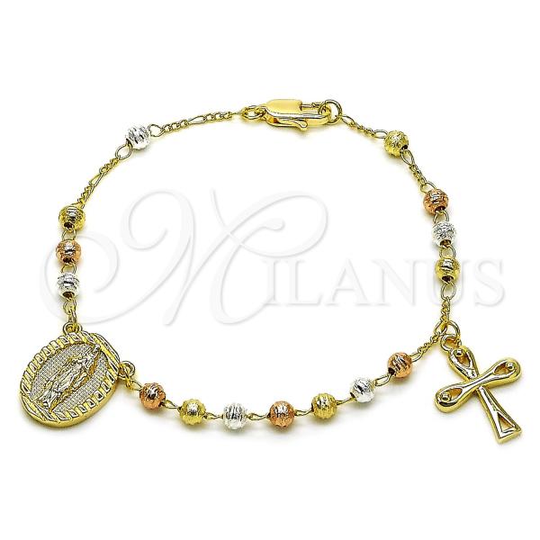 Oro Laminado Fancy Bracelet, Gold Filled Style Guadalupe and Cross Design, Diamond Cutting Finish, Tricolor, 03.253.0112.07