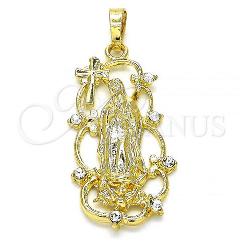 Oro Laminado Religious Pendant, Gold Filled Style Guadalupe and Cross Design, with White Cubic Zirconia, Polished, Golden Finish, 05.213.0058