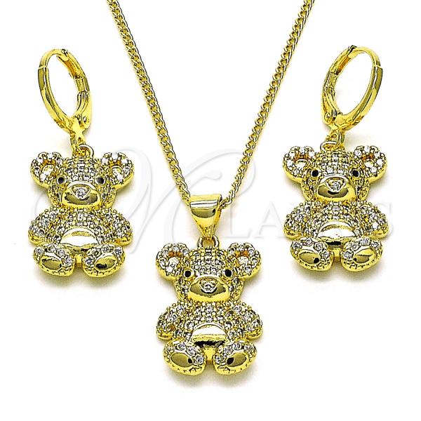 Oro Laminado Earring and Pendant Adult Set, Gold Filled Style Teddy Bear Design, with White and Black Micro Pave, Polished, Golden Finish, 10.299.0003