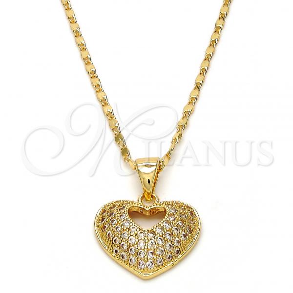 Oro Laminado Pendant Necklace, Gold Filled Style Heart Design, with White Micro Pave, Polished, Golden Finish, 04.156.0035.20