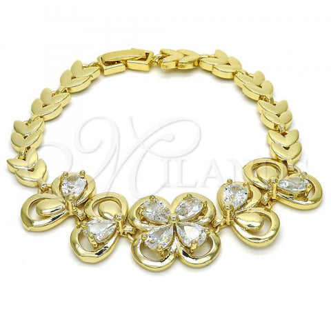 Oro Laminado Fancy Bracelet, Gold Filled Style Flower and Leaf Design, with White Cubic Zirconia, Polished, Golden Finish, 03.266.0022.1.07