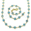 Oro Laminado Necklace and Bracelet, Gold Filled Style Evil Eye Design, Light Blue Resin Finish, Golden Finish, 06.63.0008