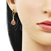 Oro Laminado Dangle Earring, Gold Filled Style Ball Design, with Garnet Cubic Zirconia, Polished, Golden Finish, 02.357.0074.1