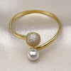 Oro Laminado Individual Bangle, Gold Filled Style Ball Design, with White Cubic Zirconia and Ivory Pearl, Polished, Golden Finish, 07.341.0066