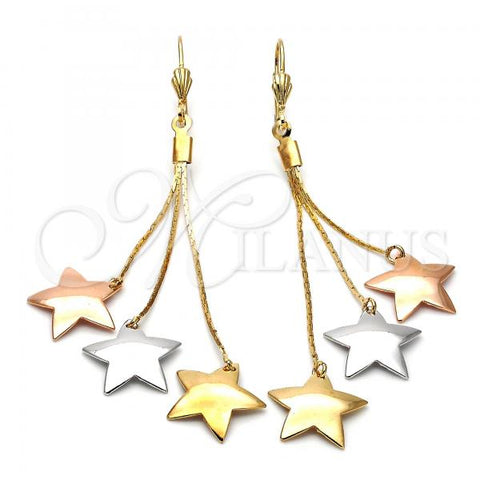 Oro Laminado Long Earring, Gold Filled Style Star Design, Polished, Tricolor, 5.099.002