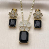 Oro Laminado Earring and Pendant Adult Set, Gold Filled Style Flower Design, with Black Cubic Zirconia and White Micro Pave, Polished, Golden Finish, 10.196.0190.3