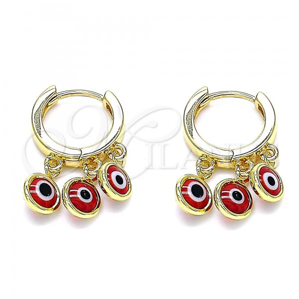 Oro Laminado Huggie Hoop, Gold Filled Style Evil Eye Design, Red Resin Finish, Golden Finish, 02.63.2723.1.15