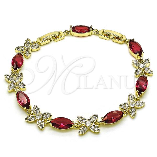 Oro Laminado Fancy Bracelet, Gold Filled Style Butterfly Design, with Ruby Cubic Zirconia and White Micro Pave, Polished, Golden Finish, 03.196.0016.2.07