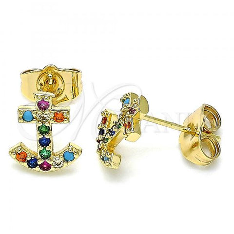 Oro Laminado Stud Earring, Gold Filled Style Anchor Design, with Multicolor Micro Pave, Polished, Golden Finish, 02.210.0410.1