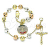 Oro Laminado Charm Bracelet, Gold Filled Style San Benito and Crucifix Design, with Multicolor Crystal, Polished, Tricolor, 03.380.0117.1.08