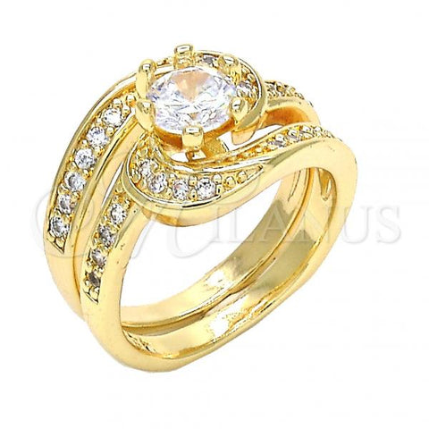 Oro Laminado Wedding Ring, Gold Filled Style Duo Design, with White Cubic Zirconia, Polished, Golden Finish, 01.284.0025.07 (Size 7)