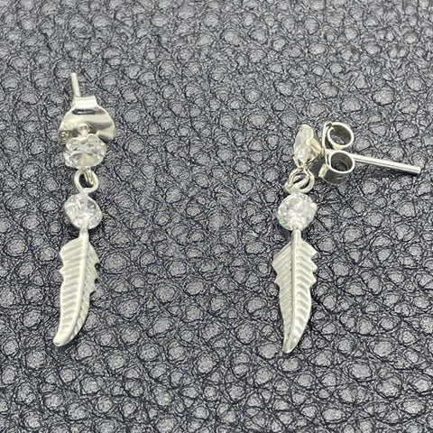 Sterling Silver Long Earring, Leaf Design, with White Cubic Zirconia, Polished, Silver Finish, 02.401.0058
