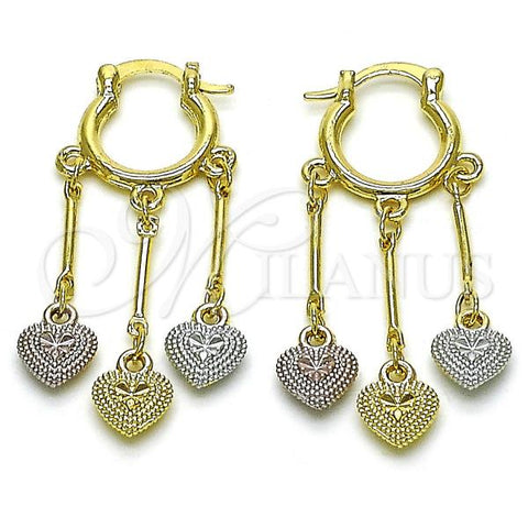 Oro Laminado Small Hoop, Gold Filled Style Heart Design, Diamond Cutting Finish, Tricolor, 02.170.0496.15