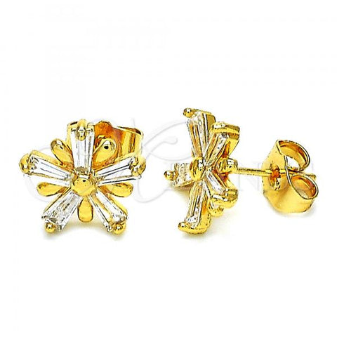 Oro Laminado Stud Earring, Gold Filled Style Flower Design, with White Cubic Zirconia, Polished, Golden Finish, 02.387.0102