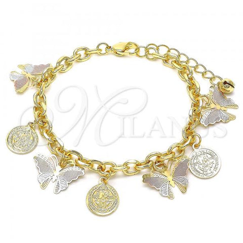 Oro Laminado Charm Bracelet, Gold Filled Style San Benito and Butterfly Design, Polished, Tricolor, 03.331.0159.08