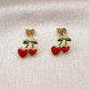 Oro Laminado Stud Earring, Gold Filled Style Cherry and Heart Design, Red Enamel Finish, Golden Finish, 02.417.0009