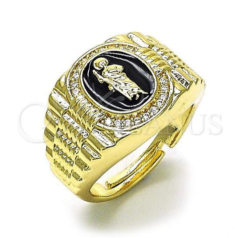 Oro Laminado Multi Stone Ring, Gold Filled Style San Judas Design, with White Micro Pave, Black Enamel Finish, Golden Finish, 01.411.0002