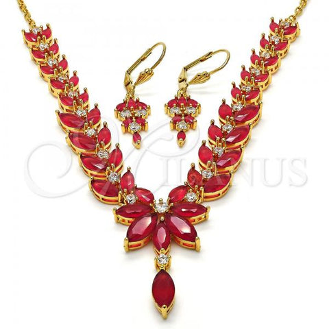 Oro Laminado Necklace and Earring, Gold Filled Style Leaf Design, with Ruby Cubic Zirconia, Polished, Golden Finish, 06.221.0001