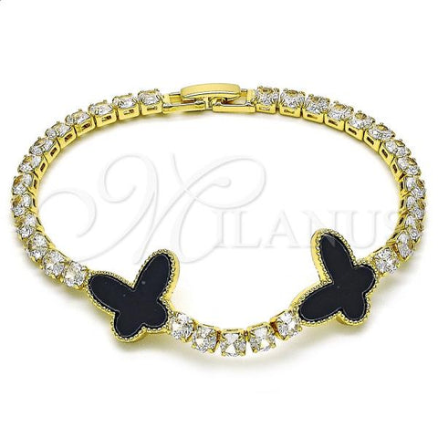 Oro Laminado Tennis Bracelet, Gold Filled Style Butterfly Design, with White Cubic Zirconia and Black Mother of Pearl, Polished, Golden Finish, 03.283.0388.07