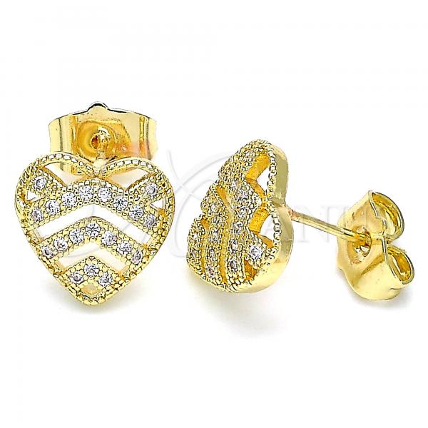 Oro Laminado Stud Earring, Gold Filled Style Heart Design, with White Micro Pave, Polished, Golden Finish, 02.156.0496