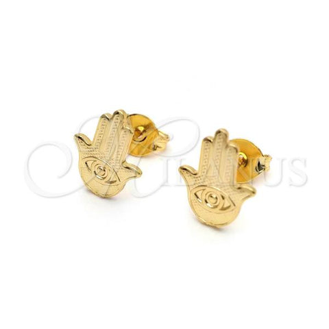 Oro Laminado Stud Earring, Gold Filled Style Hand of God and Evil Eye Design, Polished, Golden Finish, 02.58.0026