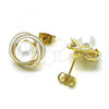 Oro Laminado Stud Earring, Gold Filled Style Love Knot Design, with Ivory Pearl, White Enamel Finish, Golden Finish, 02.379.0013