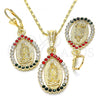 Oro Laminado Earring and Pendant Adult Set, Gold Filled Style Guadalupe and Teardrop Design, with Multicolor Crystal, Polished, Golden Finish, 10.351.0012