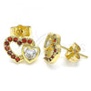 Oro Laminado Stud Earring, Gold Filled Style Heart Design, with Garnet and White Cubic Zirconia, Polished, Golden Finish, 02.210.0443.1