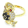 Oro Laminado Multi Stone Ring, Gold Filled Style Owl Design, with Black and Garnet Cubic Zirconia, Polished, Golden Finish, 01.210.0091.08 (Size 8)