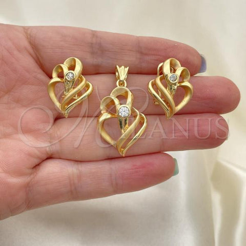 Oro Laminado Earring and Pendant Adult Set, Gold Filled Style Heart Design, with White Crystal, Matte Finish, Golden Finish, 10.59.0170