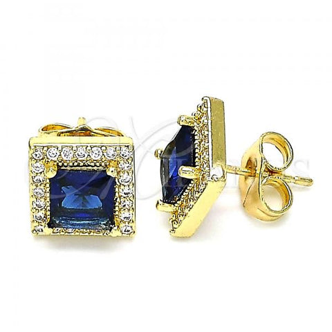 Oro Laminado Stud Earring, Gold Filled Style with Sapphire Blue Cubic Zirconia and White Micro Pave, Polished, Golden Finish, 02.210.0477.4
