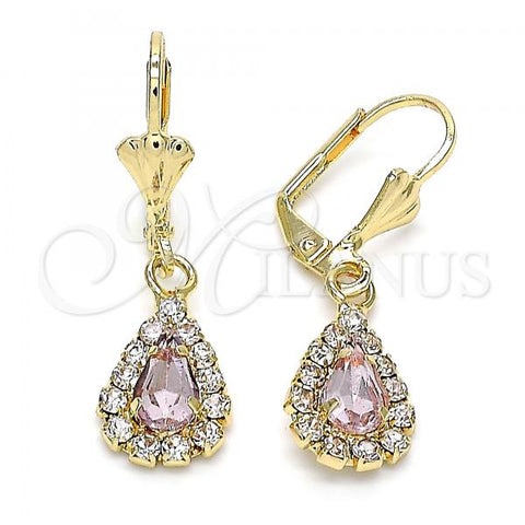 Oro Laminado Dangle Earring, Gold Filled Style Teardrop Design, with Rose and White Crystal, Polished, Golden Finish, 02.122.0116.2
