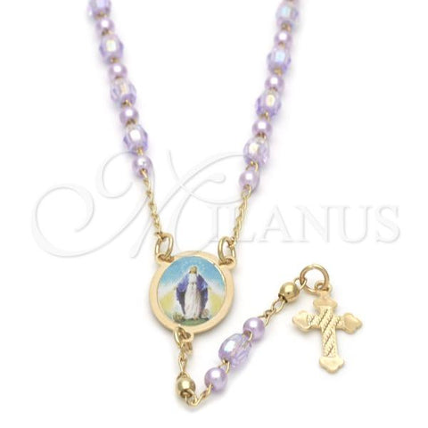 Oro Laminado Thin Rosary, Gold Filled Style Medalla Milagrosa and Cross Design, with Lavender Opal, Polished, Golden Finish, 09.02.0022.18