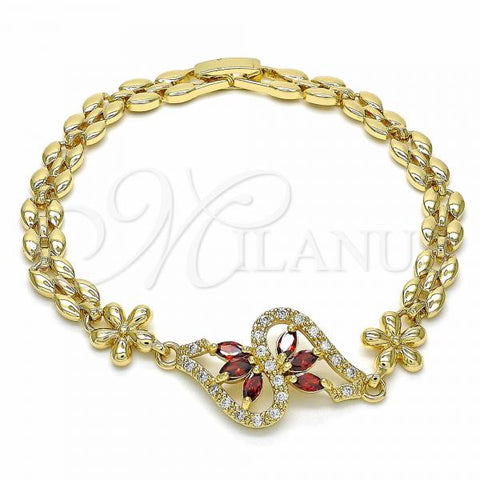 Oro Laminado Fancy Bracelet, Gold Filled Style Flower Design, with Garnet and White Cubic Zirconia, Polished, Golden Finish, 03.357.0012.2.07