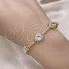 Oro Laminado Fancy Bracelet, Gold Filled Style Heart Design, with White Cubic Zirconia and White Micro Pave, Polished, Golden Finish, 03.283.0242.07