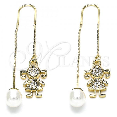 Oro Laminado Threader Earring, Gold Filled Style Little Girl Design, with White Micro Pave, Polished, Golden Finish, 02.210.0359