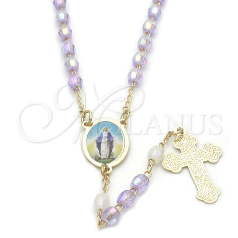 Oro Laminado Thin Rosary, Gold Filled Style Medalla Milagrosa and Cross Design, with Lavender Crystal, Polished, Golden Finish, 09.02.0025.18