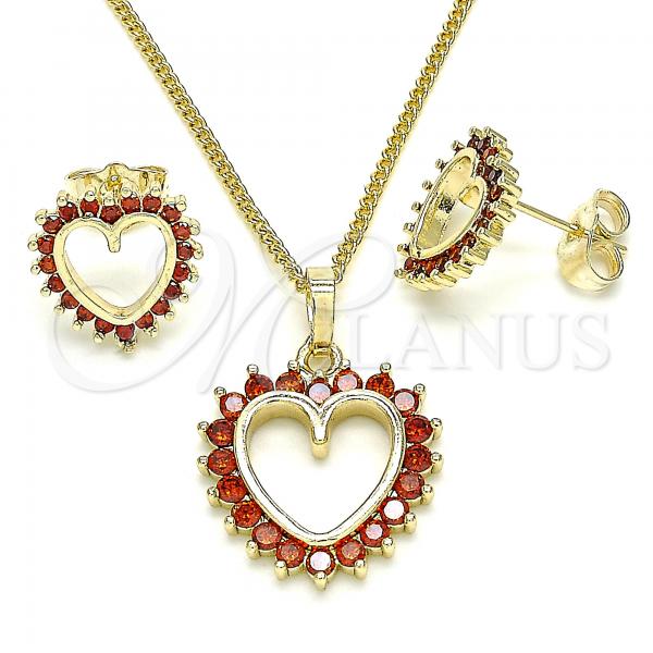 Oro Laminado Earring and Pendant Adult Set, Gold Filled Style Heart Design, with Garnet Cubic Zirconia, Polished, Golden Finish, 10.284.0009.1