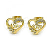 Oro Laminado Stud Earring, Gold Filled Style Mom and Heart Design, with White Micro Pave, Polished, Golden Finish, 02.342.0069