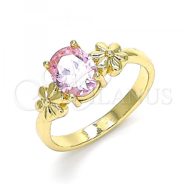 Oro Laminado Multi Stone Ring, Gold Filled Style Flower Design, with Pink Cubic Zirconia, Polished, Golden Finish, 01.210.0121.1.06