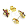 Oro Laminado Stud Earring, Gold Filled Style Flower Design, with Garnet Cubic Zirconia, Polished, Golden Finish, 02.310.0024.2