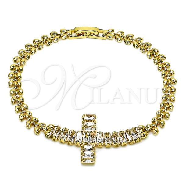 Oro Laminado Fancy Bracelet, Gold Filled Style Cross and Baguette Design, with White Cubic Zirconia, Polished, Golden Finish, 03.424.0006.08