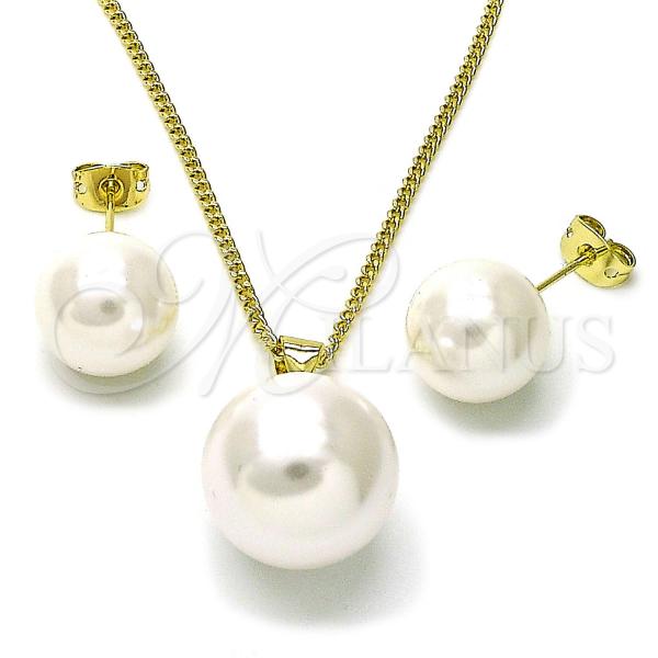 Oro Laminado Earring and Pendant Adult Set, Gold Filled Style Ball Design, with Ivory Pearl, Polished, Golden Finish, 10.213.0028