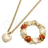 Oro Laminado Necklace and Bracelet, Gold Filled Style Rolo and Heart Design, with White Crystal, White Enamel Finish, Golden Finish, 06.63.0181.1