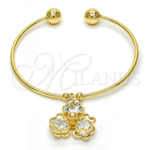 Oro Laminado Individual Bangle, Gold Filled Style Flower Design, with White Cubic Zirconia, Polished, Golden Finish, 07.63.0200 (02 MM Thickness, One size fits all)
