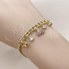 Oro Laminado Charm Bracelet, Gold Filled Style Cherry and Heart Design, with White Cubic Zirconia and Ruby Micro Pave, Polished, Golden Finish, 03.213.0322.07